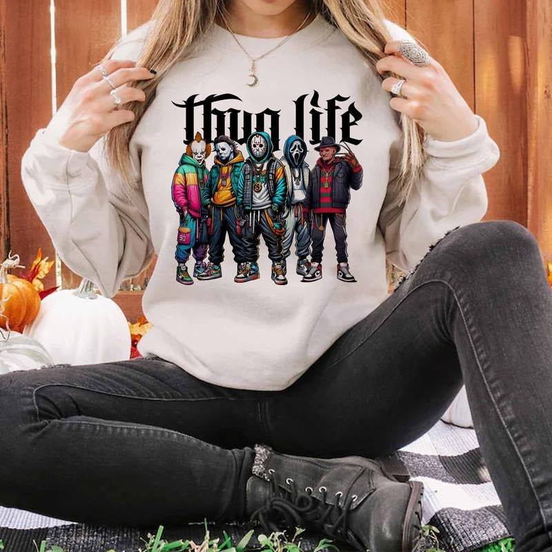 [Limited] Thug Life Horror Movie Characters T-Shirt, Halloween Horror Friend Shirt, Spooky Season Shirt, Horror Character, Scream Michael Myers Ghost Face Halloween Shirt, Halloween Gifts Full Size, Full Colors, Sweatshirt, Hoodie Oversize for Men, Women