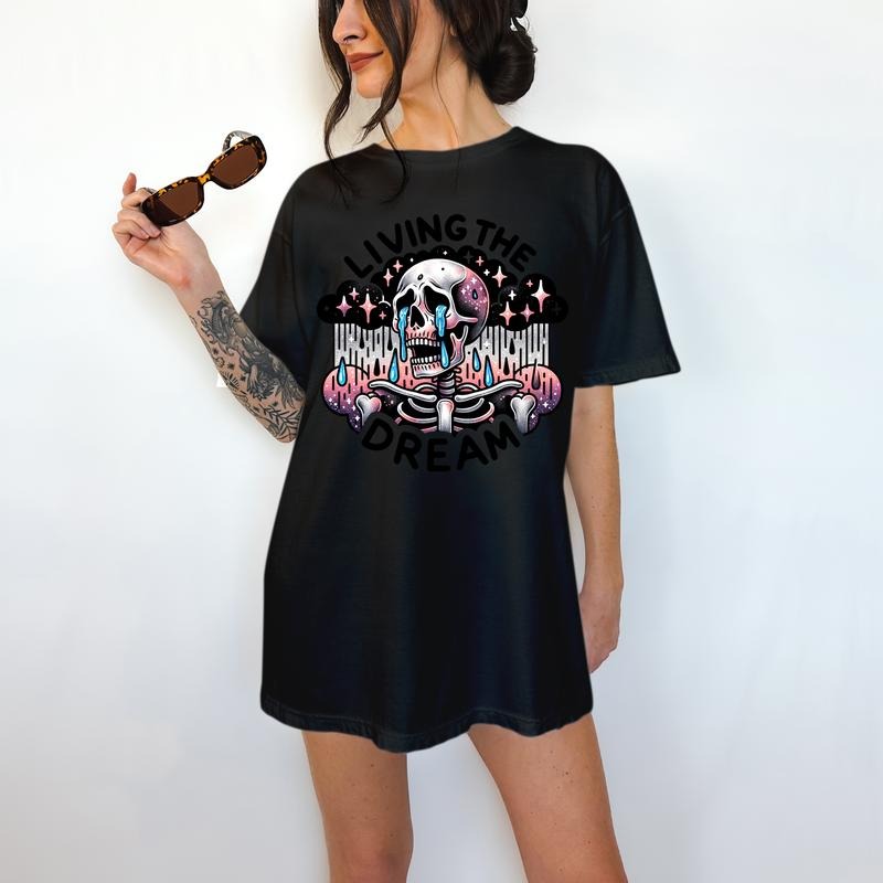 Living the Dream - T-Shirt, Skeleton Rainbow, Bright Graphic, Funny Apparel, Gift Idea, Relaxed Fit, Casual Apparel, Cute Top, Great with Jeans, All Seasons, Fun Style, Comfortable Shirt