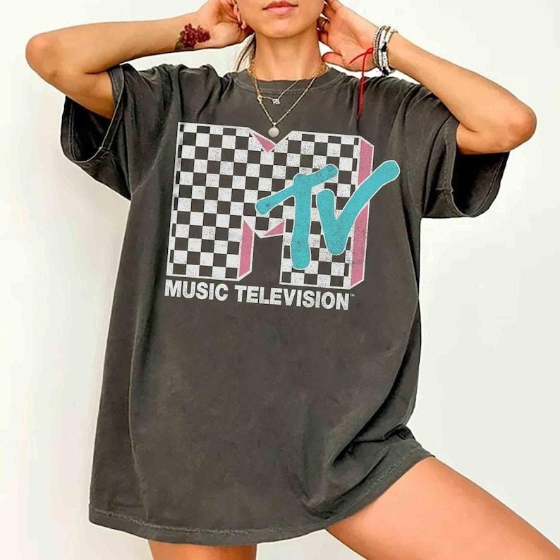 MTV Neon Distressed Checkered Logo Tee, Retro 80s & 90s Wash Family Matching Shirt, Vintage MTV Womenswear Casual Birthday Girl T-Shirt Style