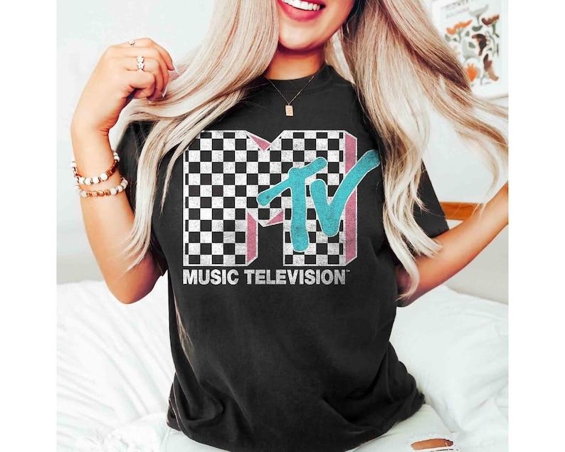 MTV Neon Distressed Checkered Logo Tee, Retro 80s & 90s Wash Family Matching Shirt, Vintage MTV Womenswear Casual Birthday Girl T-Shirt Style