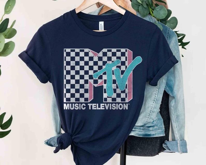 MTV Neon Distressed Checkered Logo Tee, Retro 80s & 90s Wash Family Matching Shirt, Vintage MTV Womenswear Casual Birthday Girl T-Shirt Style
