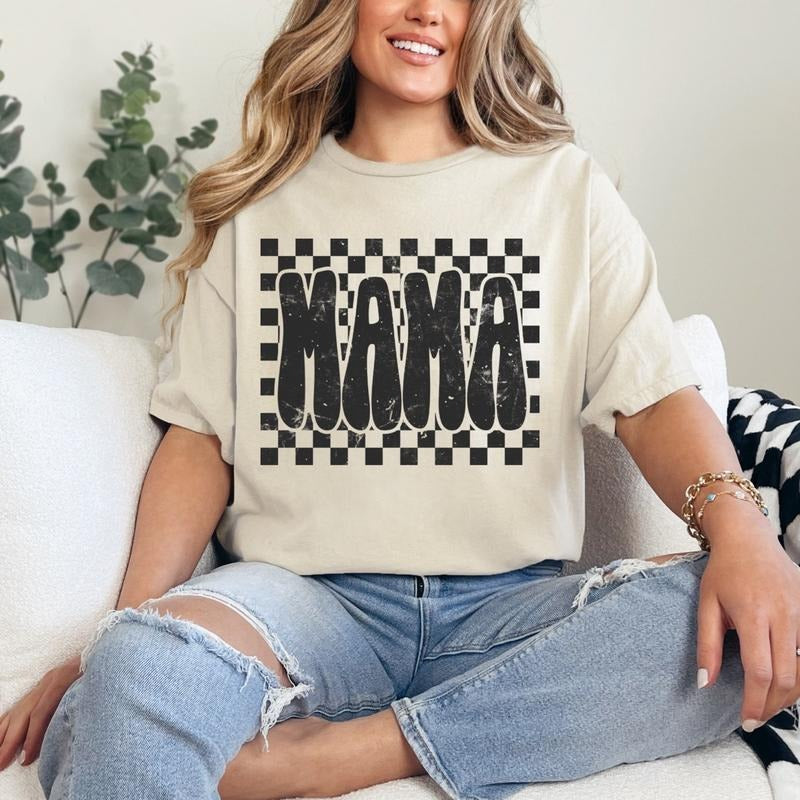 Mama Black Checkered Printed T-Shirt for Women - Unisex Sizing - Fast Shipping - Tshirt, Fit, Garment, Casual, Summer, Womenswear, Statement
