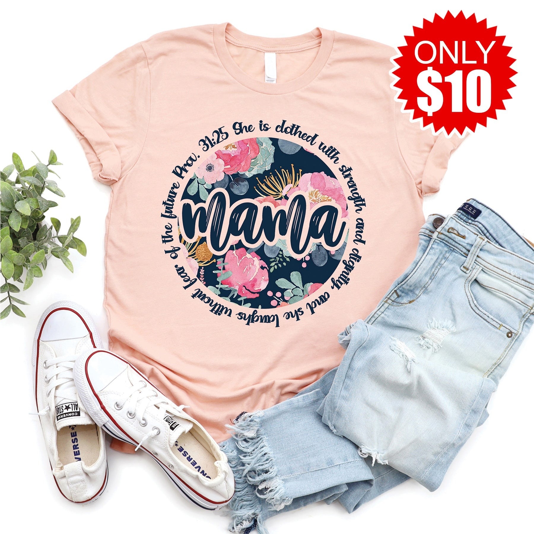 Mama She is Clothed in Strength and Dignity Tee - Heather Peach