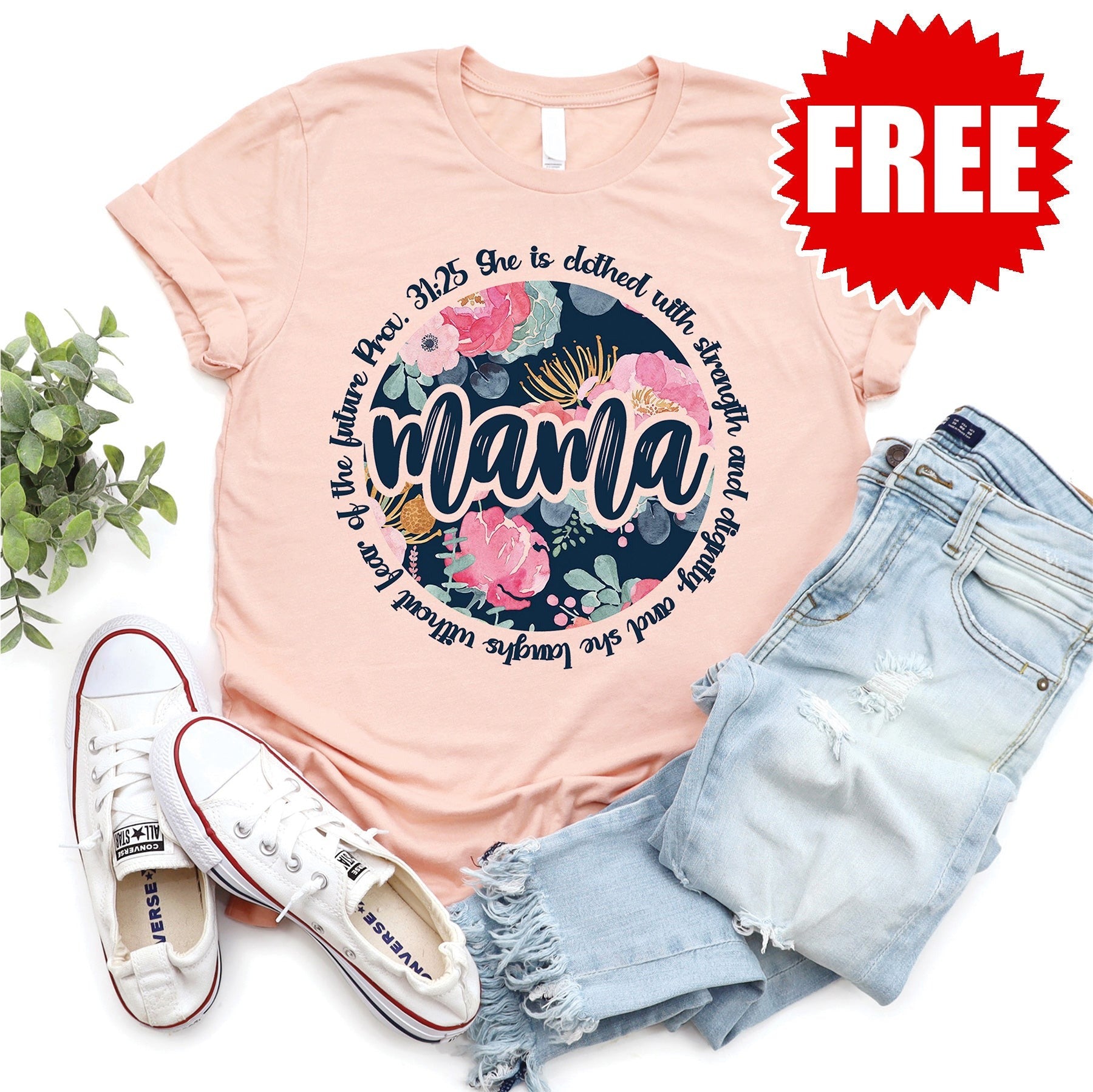 Mama She is Clothed in Strength and Dignity Tee - Heather Peach Style001