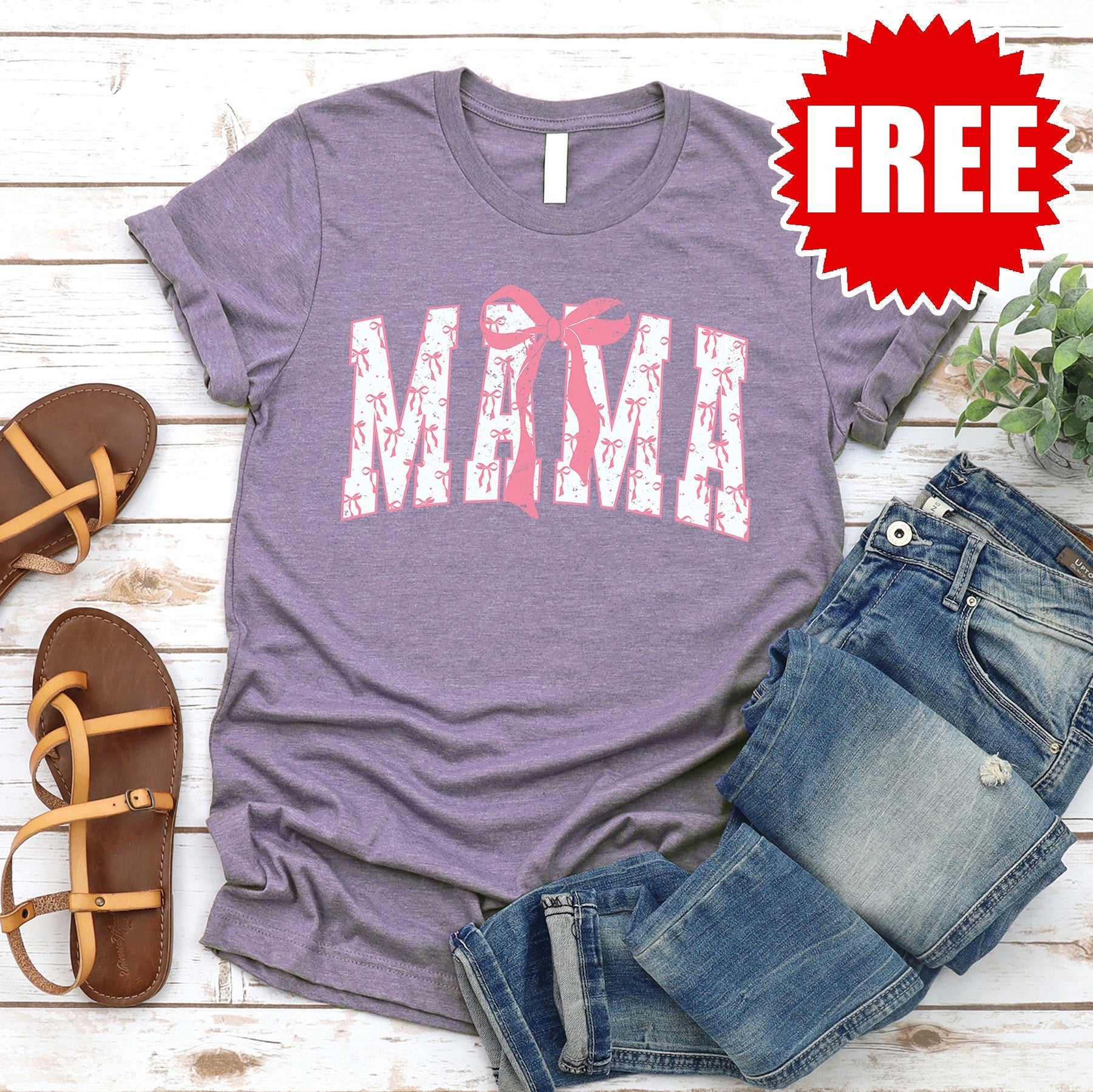 Mama Varsity Bow Tee - Heather Deep Purple - FREE