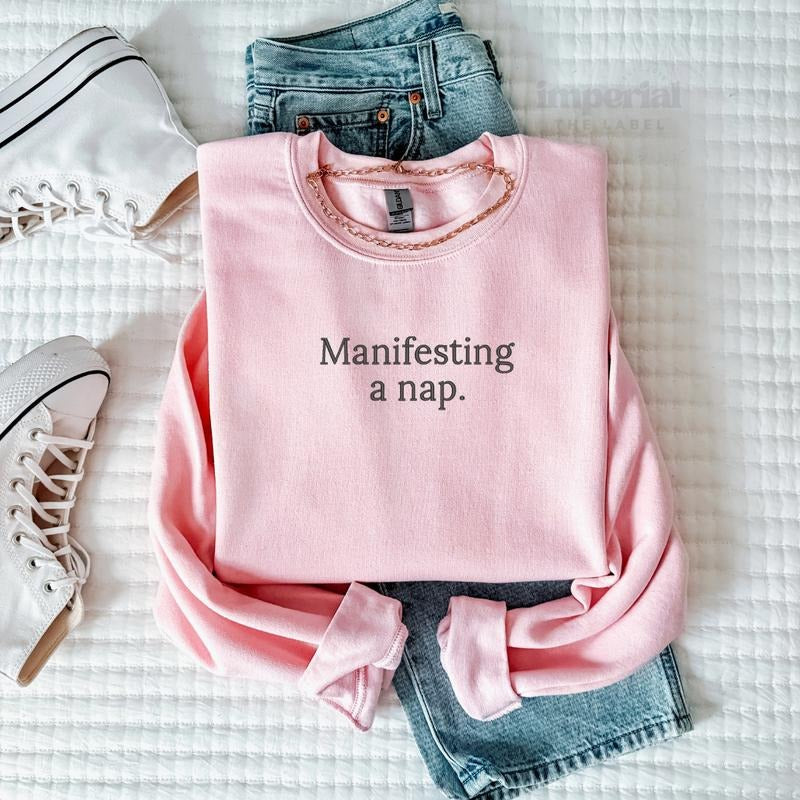 Manifesting a Nap Embroidered Sweatshirt & Comfort Colors T-Shirt, Funny Cozy Loungewear, Oversized Nap Lover Pullover, Sleepy Aesthetic Apparel, Unisex Comfy Streetwear EMB