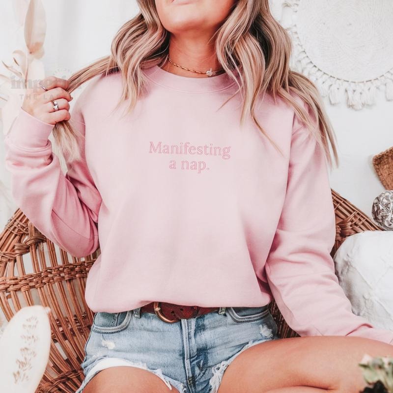 Manifesting a Nap Embroidered Sweatshirt & Comfort Colors T-Shirt, Funny Cozy Loungewear, Oversized Nap Lover Pullover, Sleepy Aesthetic Apparel, Unisex Comfy Streetwear EMB