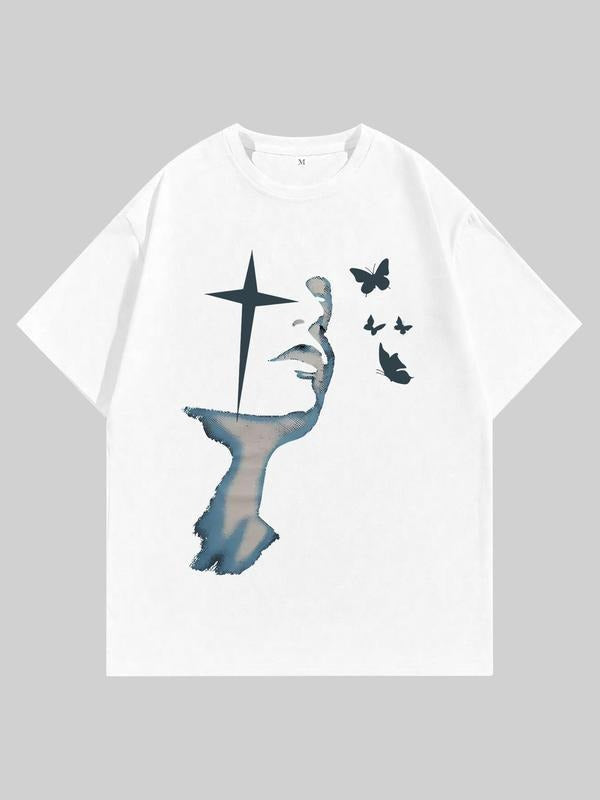 Men's Portrait Butterfly T-shirt, T Shirts for Men, Y2K Gothic Graphic Tees for Men, Casual Street Summer Tops for Men