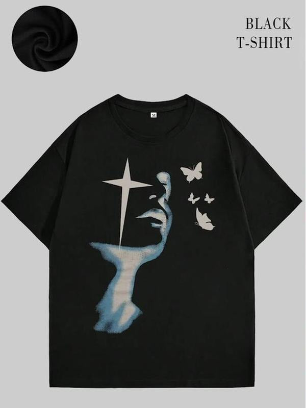 Men's Portrait Butterfly T-shirt, T Shirts for Men, Y2K Gothic Graphic Tees for Men, Casual Street Summer Tops for Men style 001