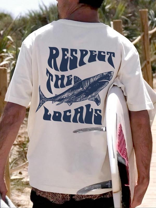 Men's Shark & Letter Print Drop Shouler Tee, Regular Fit Casual Short Sleeve Round Neck T-shirt, Men's Summer Outfit for...