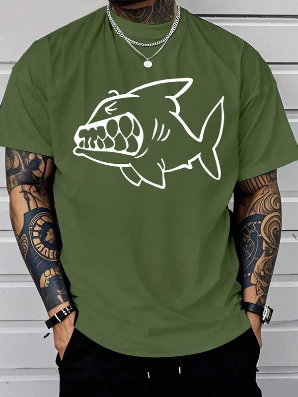 Men's Short Sleeve T-Shirt, Simple Shark Print, Summer Streetwear, Casual Fitted Style, Geometric Pattern, All Seasons...