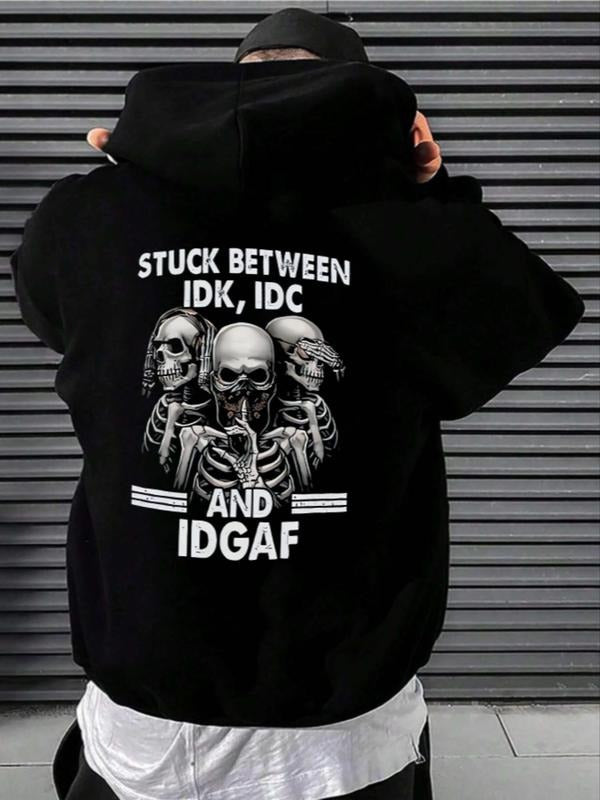 Men's Skeleton & Letter Print Drop Shoulder Hoodie, Fashion Casual Regular Fit Drawstring Pocket Hooded Sweatshirt for...