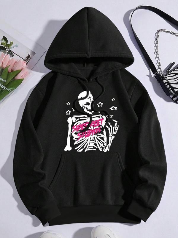 Men's Skeleton & Letter Print Drop Shoulder Hoodie, Fashion Casual Regular Fit Drawstring Pocket Hooded Sweatshirt for...