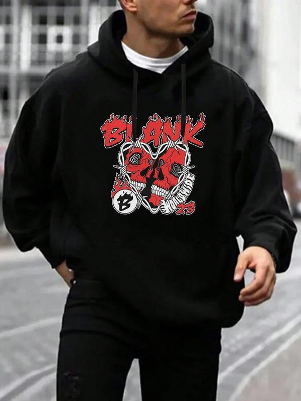 Men's Skull & Letter Print Drop Shoulder Hoodie, Fashion Casual Regular Fit Drawstring Pocket Hooded Sweatshirt for Daily...