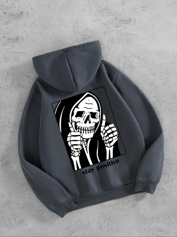 Men's Skull & Letter Print Drop Shoulder Hoodie, Fashion Casual Regular Fit Drawstring Pocket Hooded Sweatshirt for Daily...