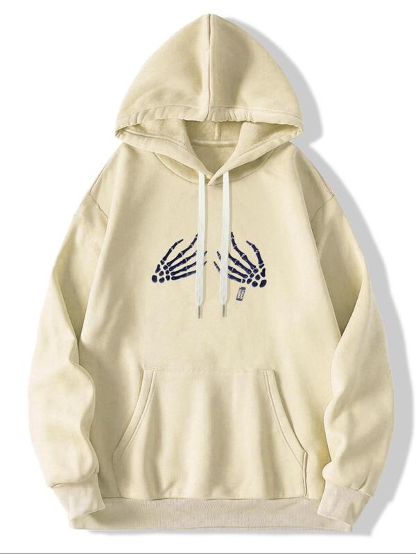 Men's Skull Hand Print Drop Shoulder Hoodie, Fashion Casual Regular Fit Drawstring Pocket Hooded Sweatshirt for Daily...