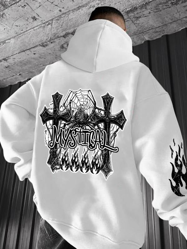 Men's Spider & Cross Print Drop Shoulder Hoodie, Fashion Casual Regular Fit Letter Graphic Drawstring Pocket Hooded...