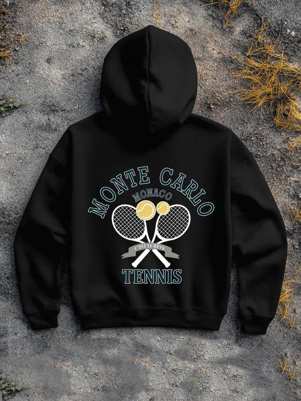 Men's Tennis & Letter Print Drop Shoulder Hoodie, Fashion Casual Regular Fit Drawstring Pocket Hooded Sweatshirt for...