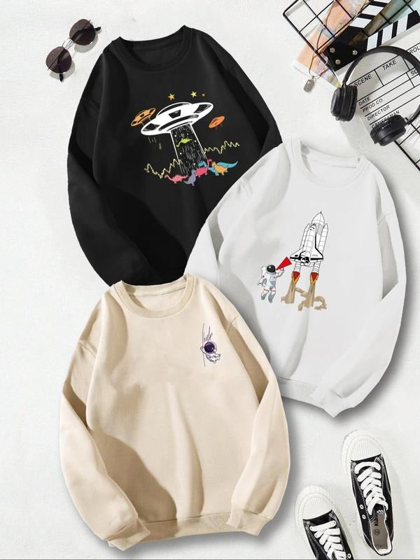 Men's UFO & Astronaut Print Drop Shoulder Sweatshirt, Casual Regular Fit Round Neck Long Sleeve Pullover for Daily Wear,...