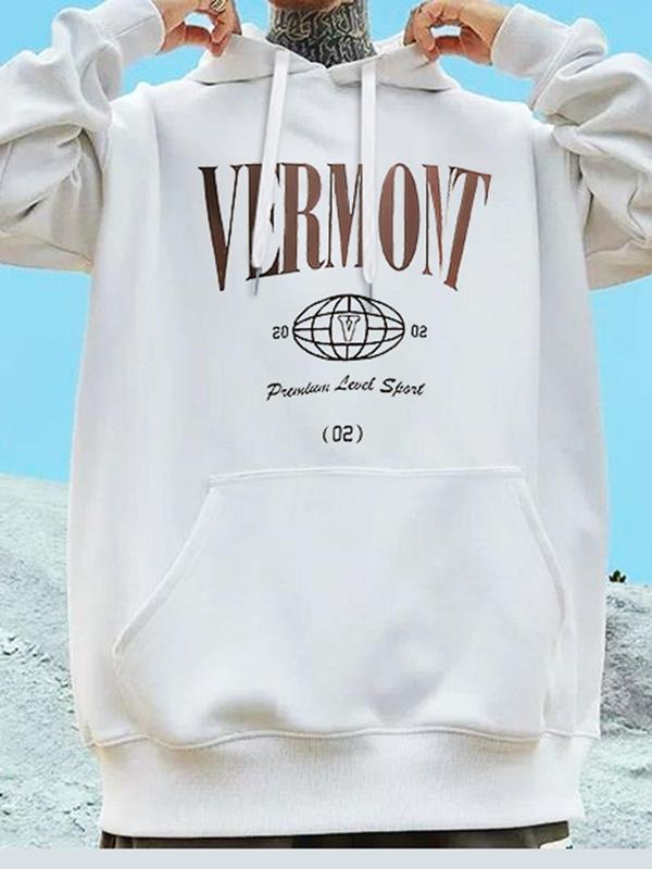 Men's Vintage Letter Print Drop Shoulder Hoodie, Fashion Casual Regular Fit Drawstring Pocket Hooded Sweatshirt for Daily...