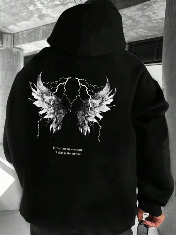 Men's Wing & Letter Print Drop Shoulder Hoodie, Fashion Casual Regular Fit Drawstring Pocket Hooded Sweatshirt for Daily...