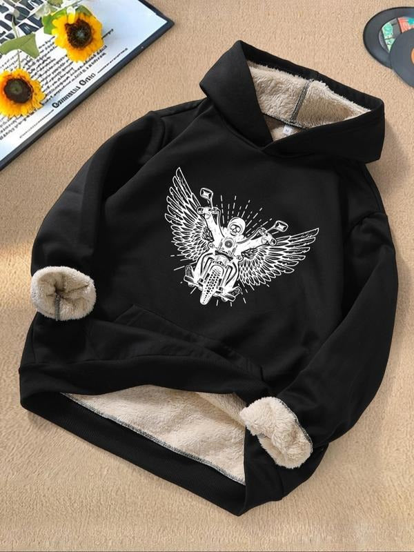 Men's Wing & Skull Print Drop Shoulder Hoodie, Fashion Casual Regular Fit Pocket Hooded Sweatshirt for Daily Outdoor...