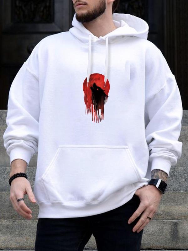 Men's Wolf Print Drop Shoulder Hoodie, Fashion Casual Regular Fit Drawstring Pocket Hooded Sweatshirt for Daily Holiday...