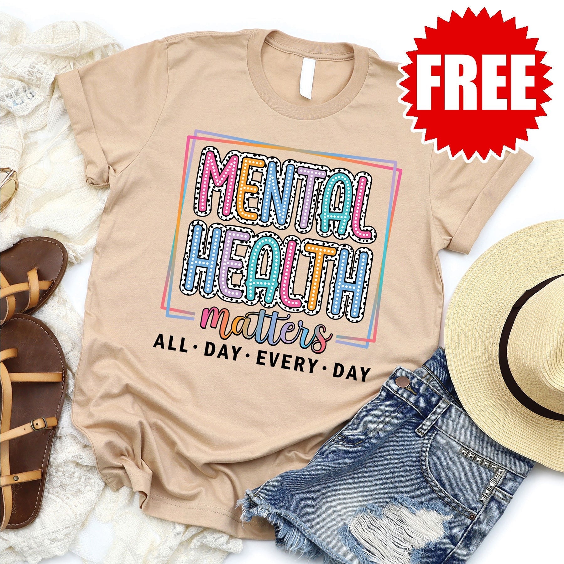 Mental Health Matters Colorful Tee - Heather Sand Dune - 0