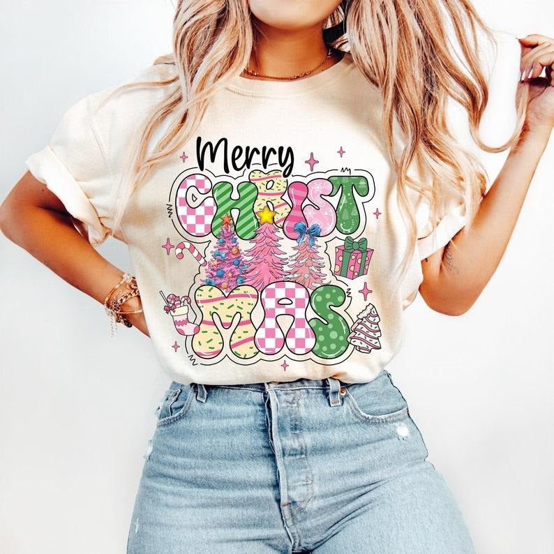 Merry Christmas Shirt, Pink Christmas,Tree, Christmas Coquette, Doodle Letters, Tis The Season,Candy Cane Hot Cocoa, Cotton, Crewneck, Graphic Tee