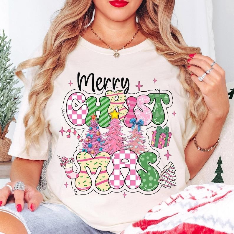 Merry Christmas Shirt, Pink Christmas,Tree, Christmas Coquette, Doodle Letters, Tis The Season,Candy Cane Hot Cocoa, Cotton, Crewneck, Graphic Tee