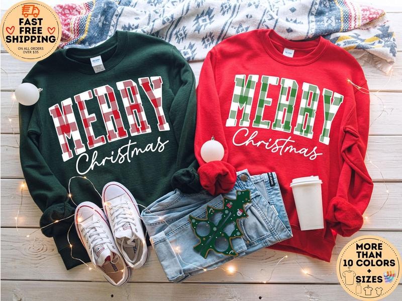 Merry Christmas Sweatshirt, Buffalo Plaid Sweater, Christmas Family crewneck, Xmas Gift Idea, Woman Xmas Shirt, Cute Winter Holiday Sweater, Christmas
