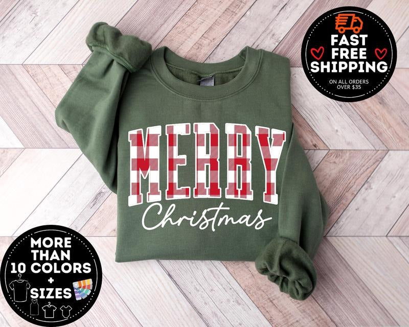Merry Christmas Sweatshirt, Buffalo Plaid Sweater, Christmas Family crewneck, Xmas Gift Idea, Woman Xmas Shirt, Cute Winter Holiday Sweater, Christmas