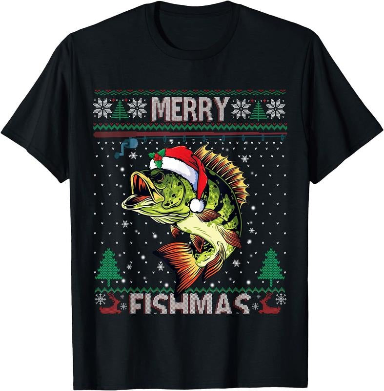 Merry Fishmas Bass Fish Fishing Christmas Ugly Sweater Xmas Unisex T-Shirt Sweatshirt Hoodie Crewneck Casual Shortsleeve Tshirt