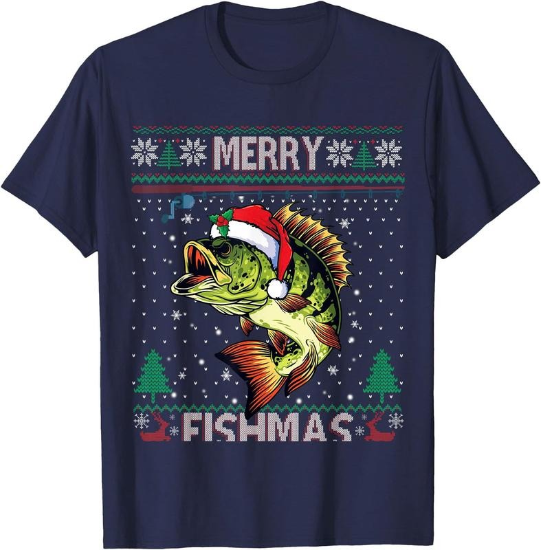 Merry Fishmas Bass Fish Fishing Christmas Ugly Sweater Xmas Unisex T-Shirt Sweatshirt Hoodie Crewneck Casual Shortsleeve Tshirt