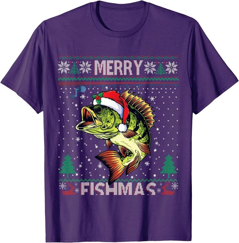 Merry Fishmas Bass Fish Fishing Christmas Ugly Sweater Xmas Unisex T-Shirt Sweatshirt Hoodie Crewneck Casual Shortsleeve Tshirt