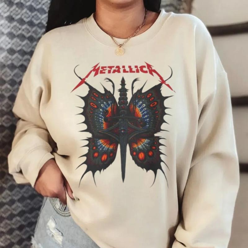 Metallicc Butterfly Band Graphic Tee, Rock Band Merch, Music Tour Hoodie, Heavy Metal Tshirt, Unisex Sweater Pullover Tee