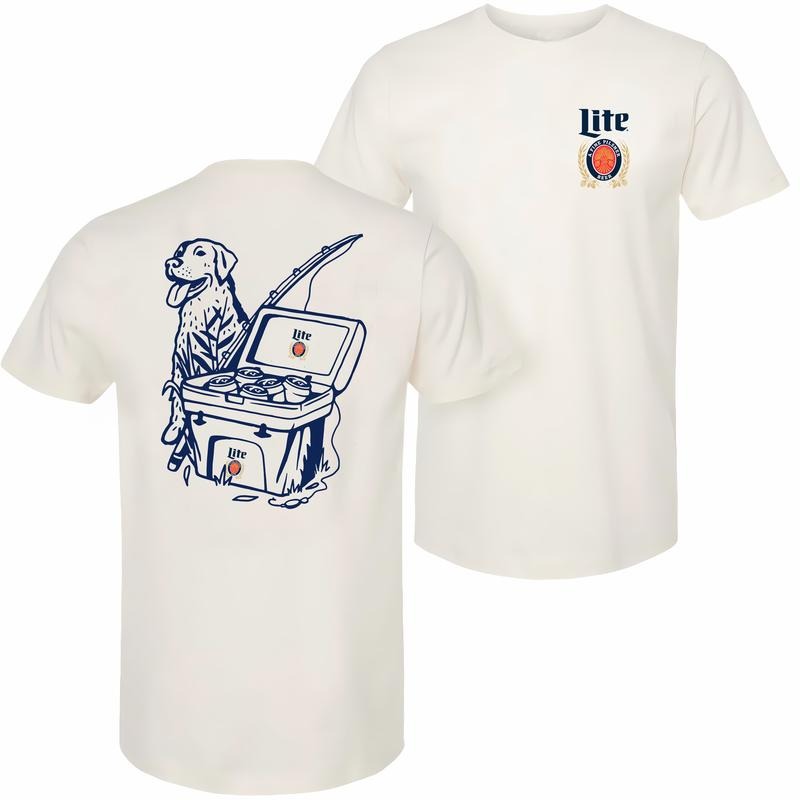 Miller Lite- Fishing Scene With Dog & Cooler - 2-sided T-shirt - Find Your Favorite Color - Fashion For All Tastes - Fashion For All - Unisex Clothing Choices - Every Size Available