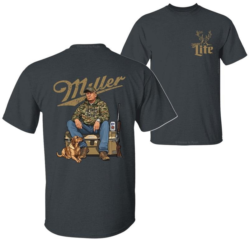 Miller Lite Camo Trump Hunting T-Shirt, Trump Won 47th President Election 2 Sided Graphic Printed Unisex Classic Cotton T-shirt