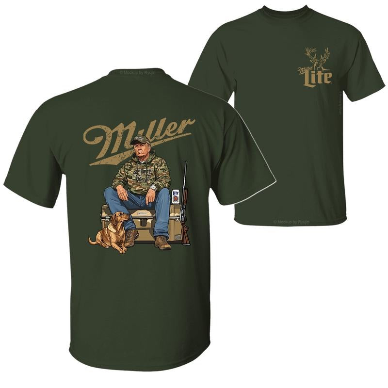 Miller Lite Camo Trump Hunting T-Shirt, Trump Won 47th President Election 2 Sided Graphic Printed Unisex Classic Cotton T-shirt