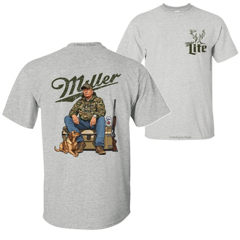 Miller Lite Camo Trump Hunting T-Shirt, Trump Won 47th President Election 2 Sided Graphic Printed Unisex Classic Cotton T-shirt