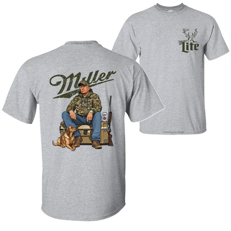Miller Lite Camo Trump Hunting T-Shirt, Trump Won 47th President Election 2 Sided Graphic Printed Unisex Classic Cotton T-shirt
