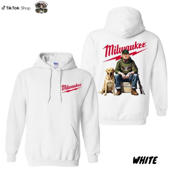 Milwaukee Hoodie - Patriotic Worker Design with Dog Graphic - 2-Sided Unisex Pullover for Outdoor Enthusiasts - For Men And Women - Trendy Hoodie - Team BDK Menswear Sweatshirts Tops Long Sleeve Pocket Casual