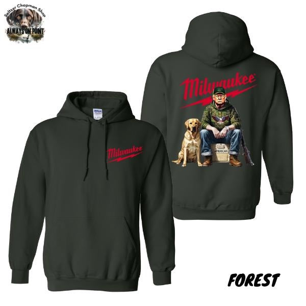 Milwaukee Hoodie - Patriotic Worker Design with Dog Graphic - 2-Sided Unisex Pullover for Outdoor Enthusiasts - For Men And Women - Trendy Hoodie - Team BDK Menswear Sweatshirts Tops Long Sleeve Pocket Casual