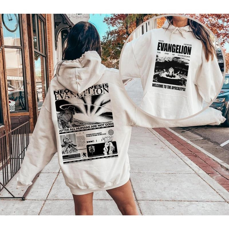 Neon Genesis Evangelion Double Side Shirt Vintage Anime Sweatshirt Welcome To The Apocalypse Hoodie After All Humans Are Not Gods Tee Gift For Fans Me