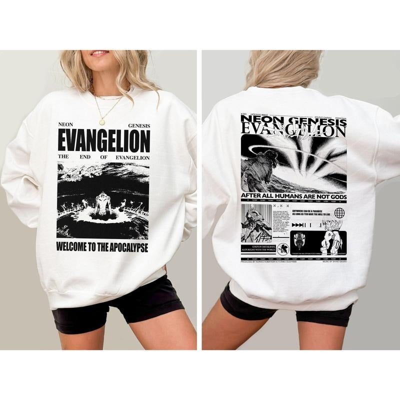 Neon Genesis Evangelion Double Side Shirt Vintage Anime Sweatshirt Welcome To The Apocalypse Hoodie After All Humans Are Not Gods Tee Gift For Fans Me