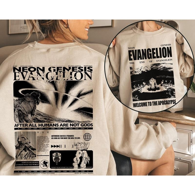 Neon Genesis Evangelion Double Side Shirt Vintage Anime Sweatshirt Welcome To The Apocalypse Hoodie After All Humans Are Not Gods Tee Gift For Fans Me