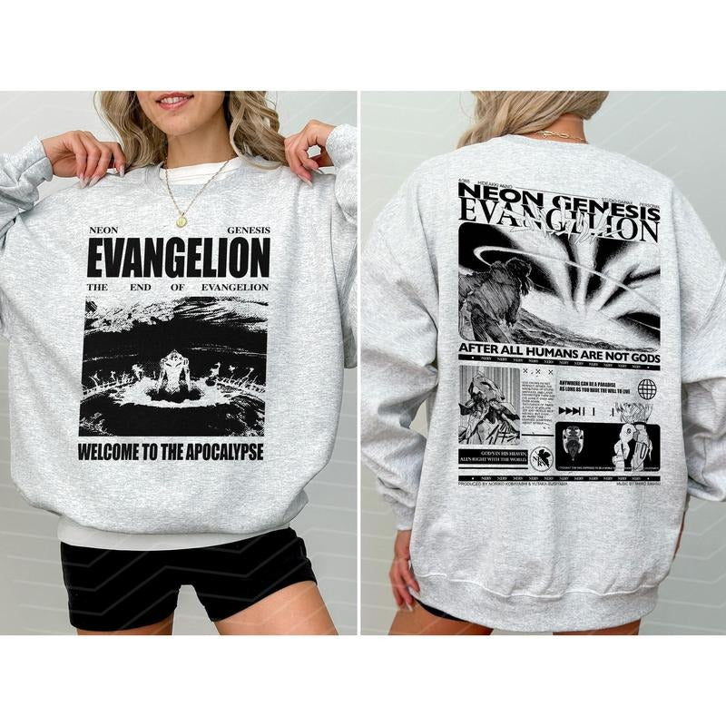 Neon Genesis Evangelion Double Side Shirt Vintage Anime Sweatshirt Welcome To The Apocalypse Hoodie After All Humans Are Not Gods Tee Gift For Fans Me