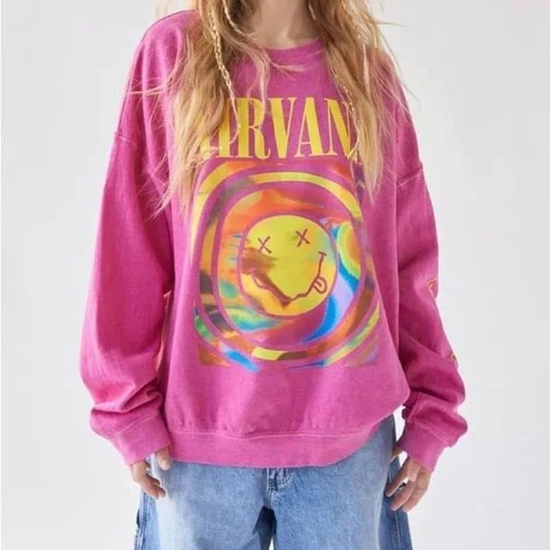Nirvana Smiley Face Sweatshirt, Nirvana Aesthetic Unisex Crewneck Sweatshirt, Smile Tee Heliconia Pink Sweatshirt, Trendy Pink Nirvana Shirt Cotton Fabric
