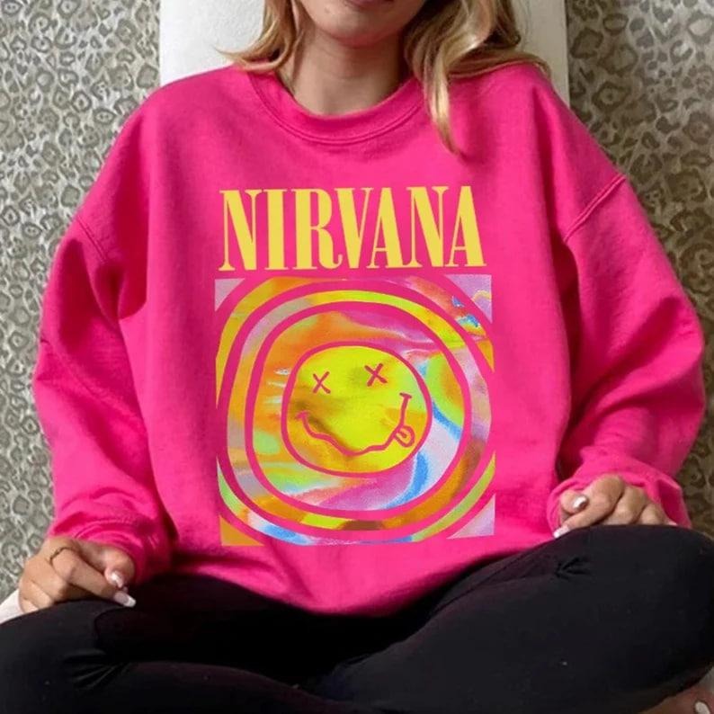 Nirvana Smiley Face Sweatshirt, Nirvana Aesthetic Unisex Crewneck Sweatshirt, Smile Tee Heliconia Pink Sweatshirt, Trendy Pink Nirvana Shirt Cotton Fabric