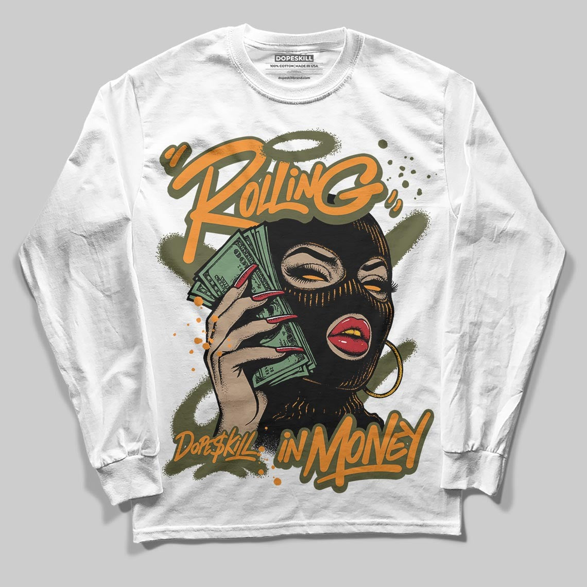 Olive Collection DopeSkill Long Sleeve T-Shirt Rolling in Money Graphic